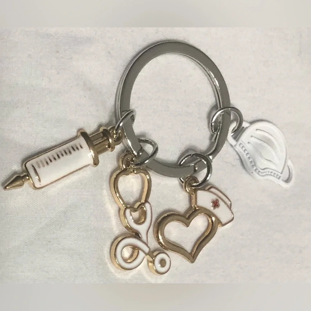 Keychain ring Doctor Nurse love cap  Medical Mask Syringe Stethoscope. White